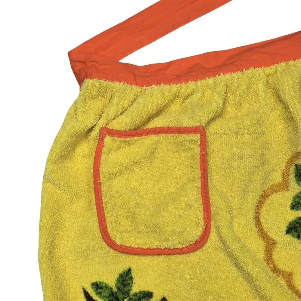 Vintage 70s Yellow Terry Cloth Half Apron Orange Fruit Floral Retro Kitchen
